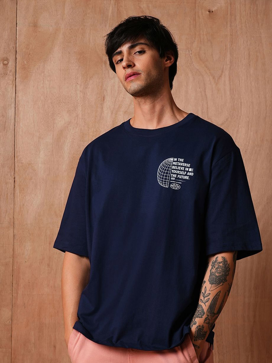 

The Roadster Lifestyle Co. Men Typography Printed Round Neck Cotton Relaxed Fit T-shirt, Navy blue