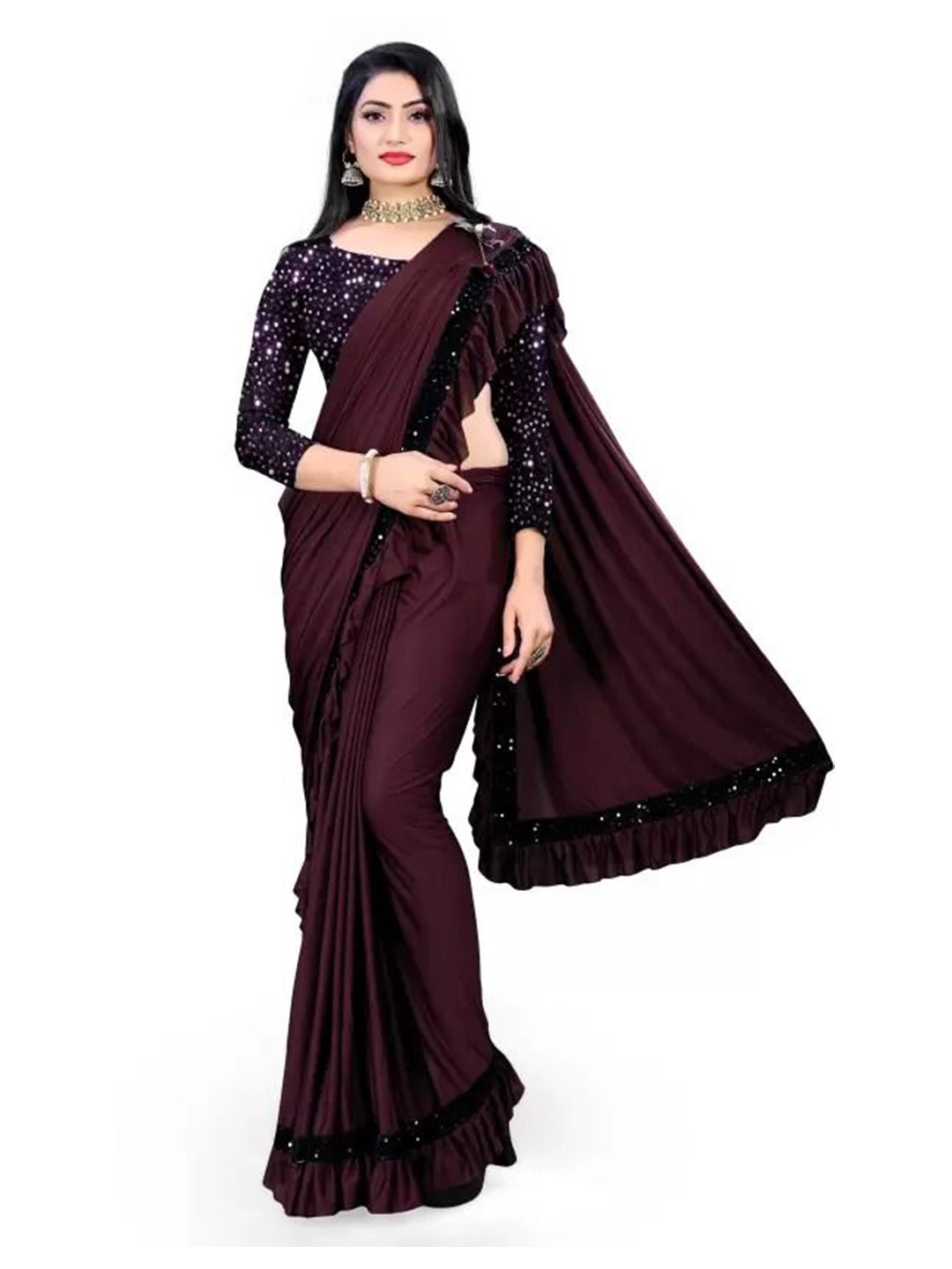 

SAADHVI Sequinned Saree, Burgundy