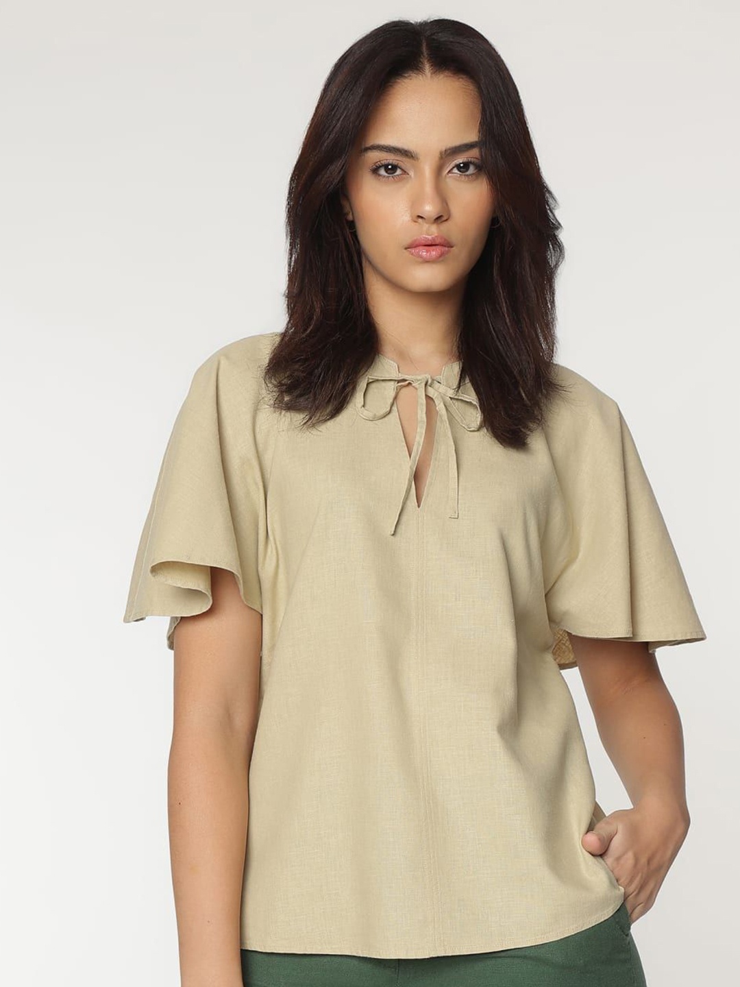 

Marks & Spencer Flared Sleeve Linen Styled Back Top, Brown