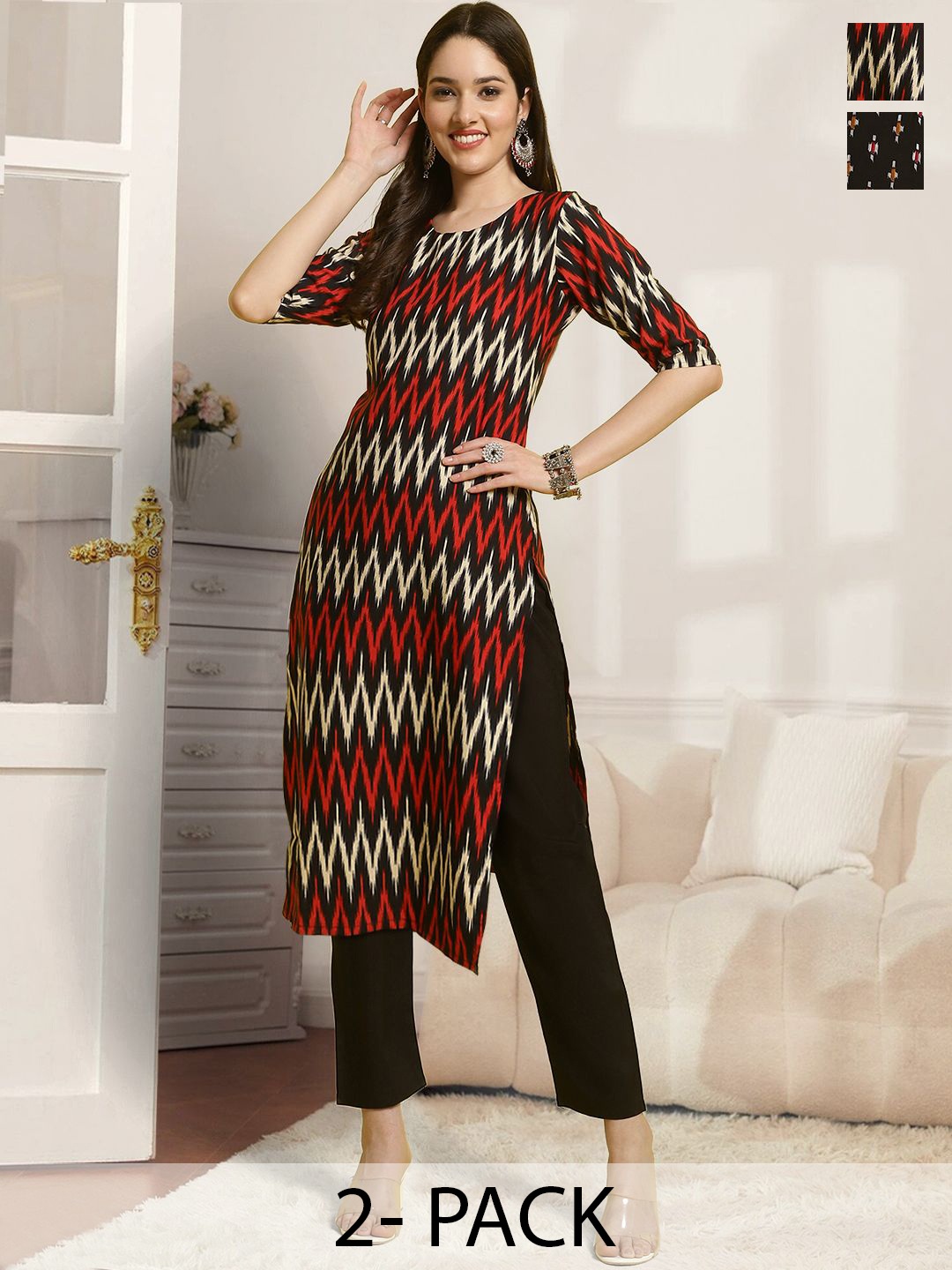 

7Threads Selection Of 2 Chevron Printed Round Neck Straight Kurta With Trousers, Red