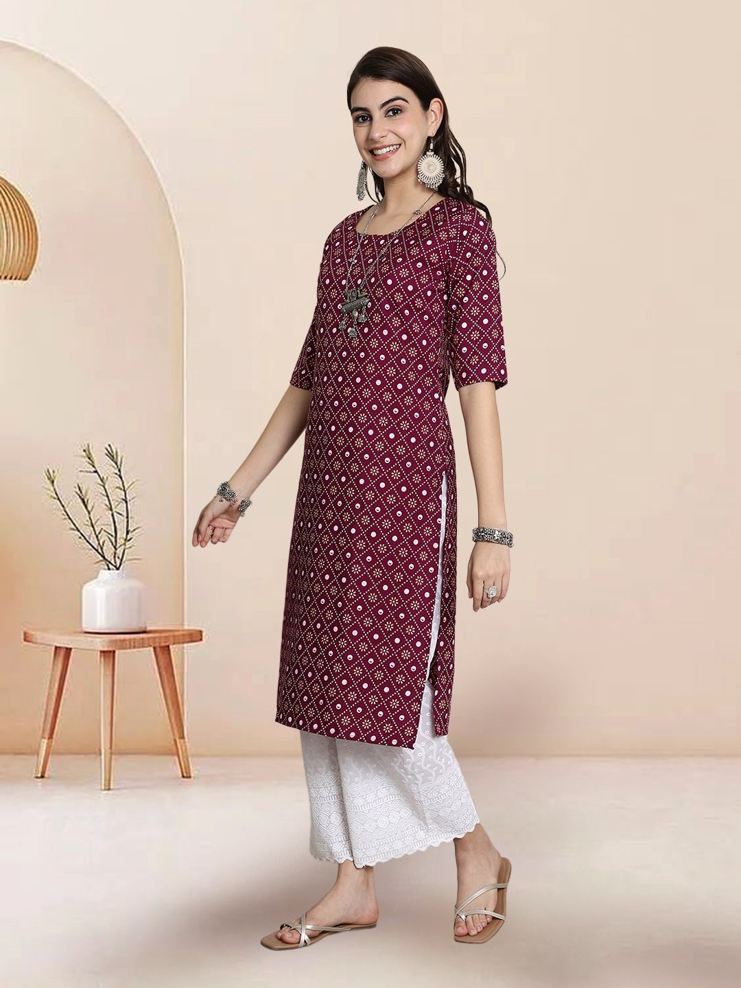 

7Threads Selection Of 3 Ethnic Motifs Printed Round Neck Straight Kurtas, Maroon