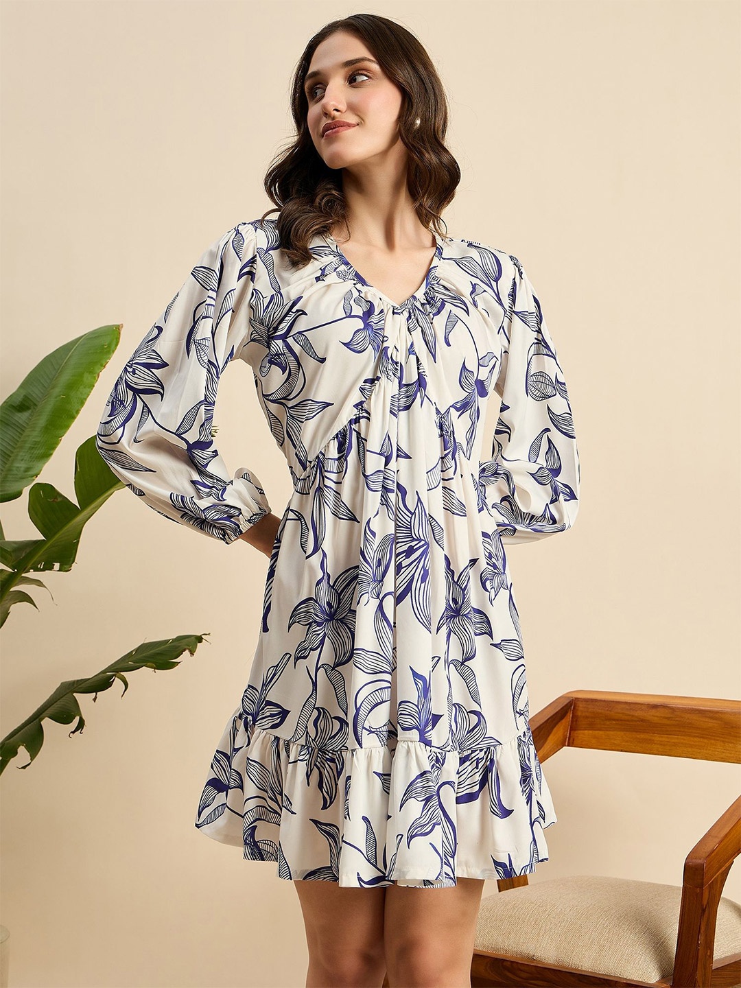 

Mast & Harbour Floral Print Crepe A-Line Dress, Blue