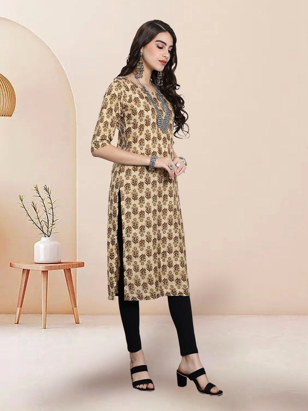 

7Threads Selection Of 2 Ethnic Motifs Round Neck Straight Kurtas, Beige