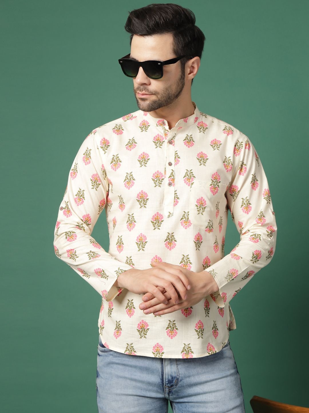 

Ramas Floral Printed Mandarin Collar Pure Cotton Straight Kurta, White