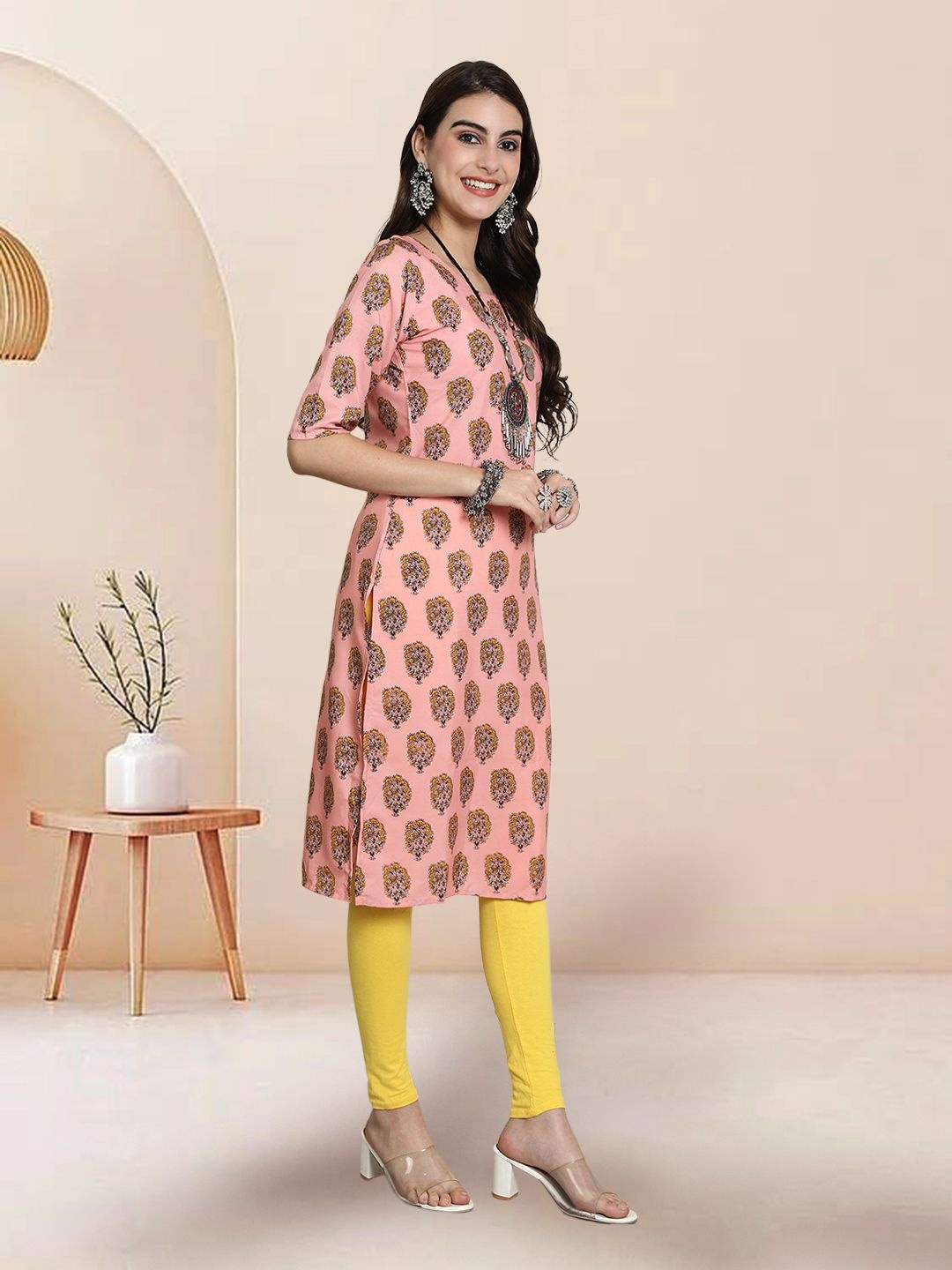 

7Threads Selection Of 2 Ethnic Motifs Printed Round Neck Straight Kurtas, Peach