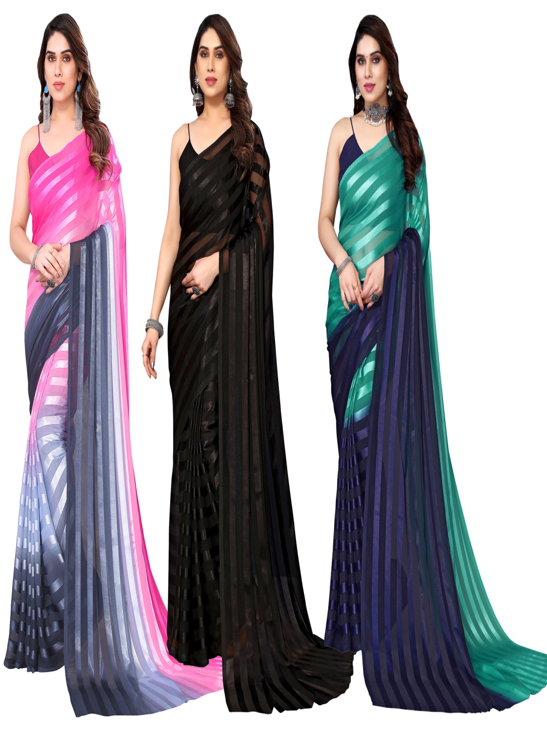 

ANAND SAREES Striped Satin Saree, Pink