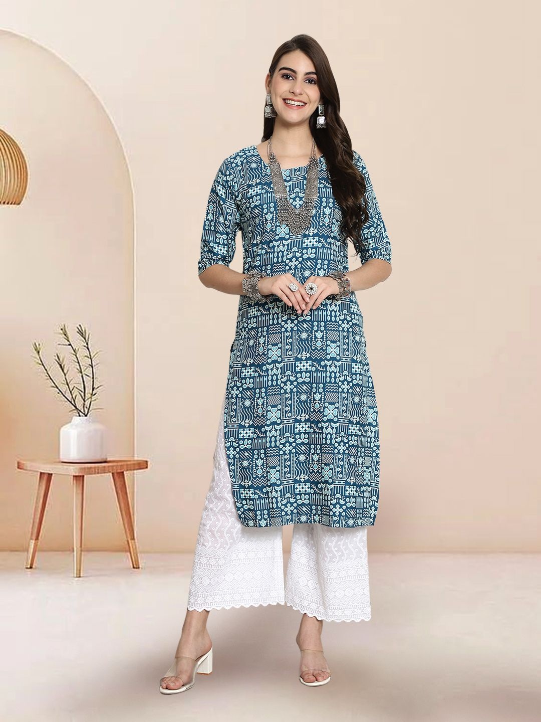 

7Threads Selection Of 3 Ethnic Motifs Printed Round Neck Kurtas, Blue