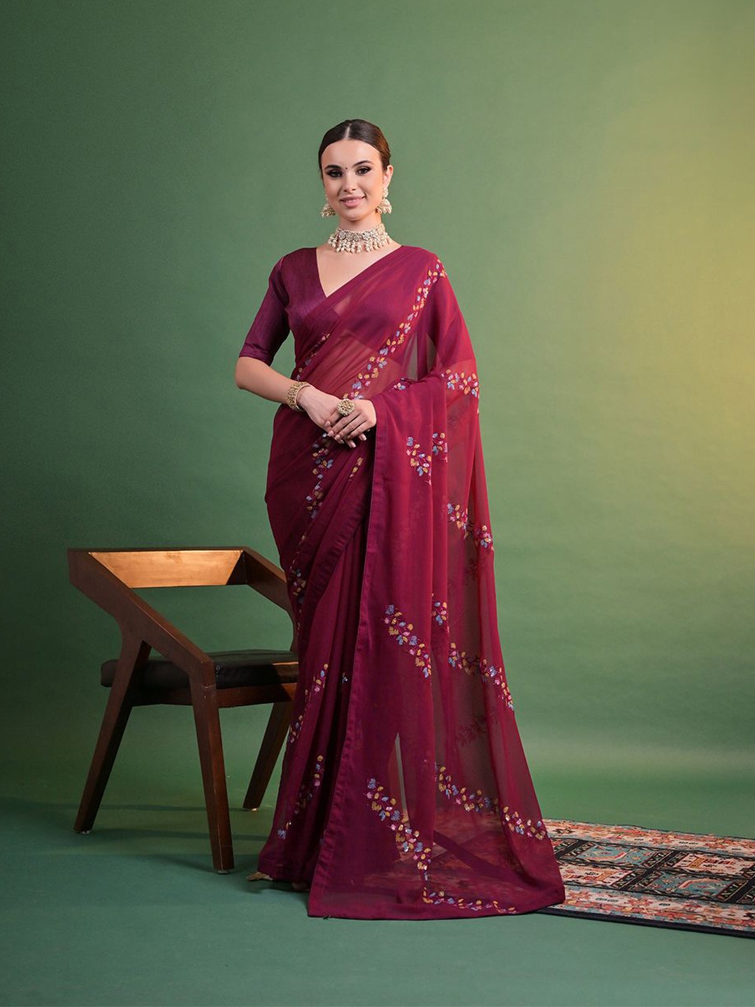 

KALINI Floral Embroidered Poly Georgette Saree, Magenta