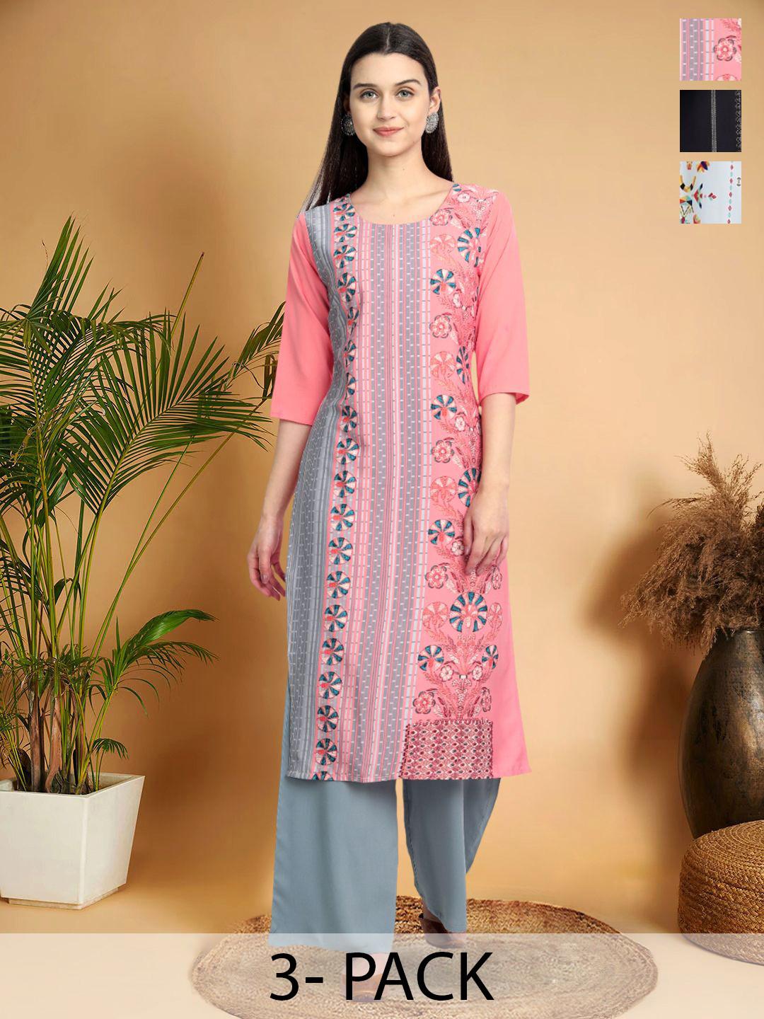 

7Threads Selection Of 3 Ethnic Motifs Printed Straight Kurtas, Pink