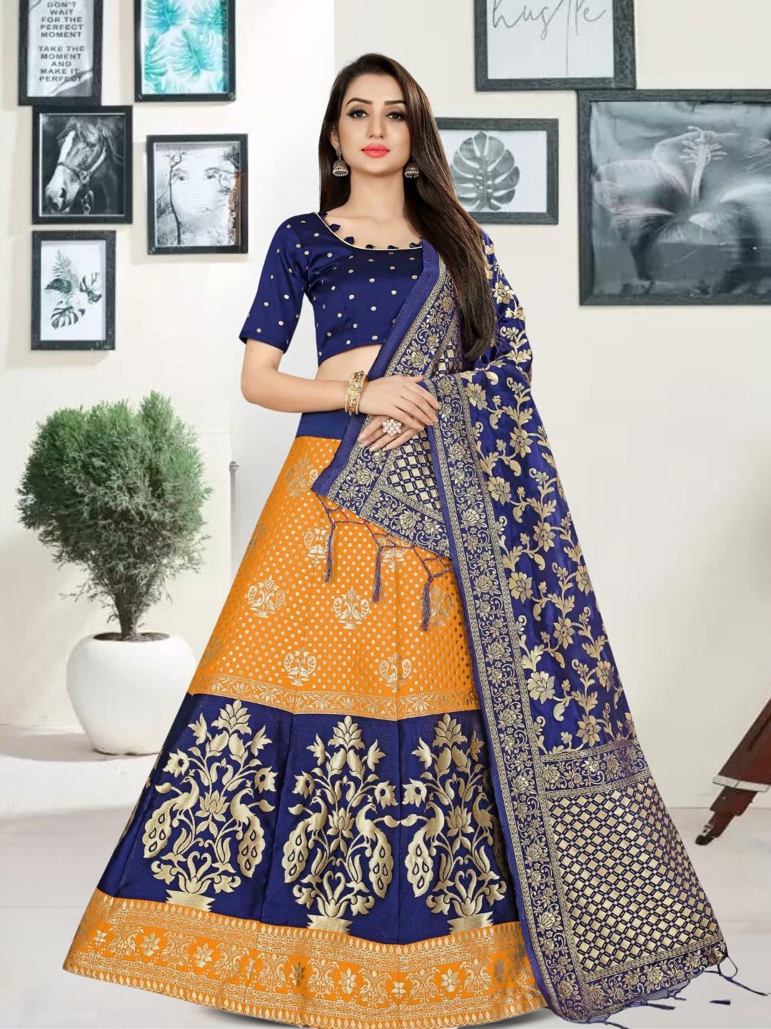 

MAGMINA Woven Design Zari Jacquard Semi-Stitched Lehenga & Unstitched Blouse With Dupatta, Navy blue