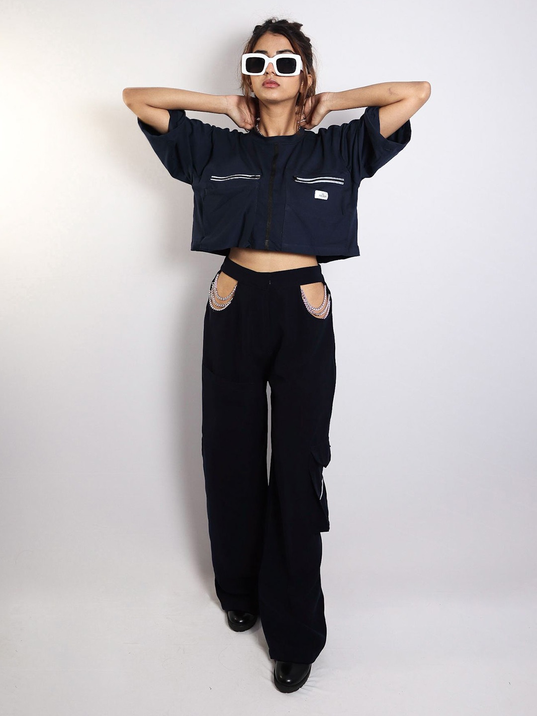 

HOP HEAD Off-Shoulder Cotton Bardot Crop Top, Navy blue