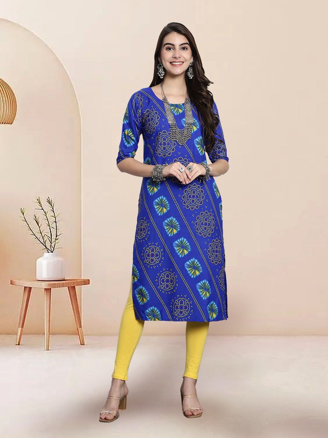 

7Threads Selection of 5 Bandhani Printed Round Neck Straight Kurtas, Blue