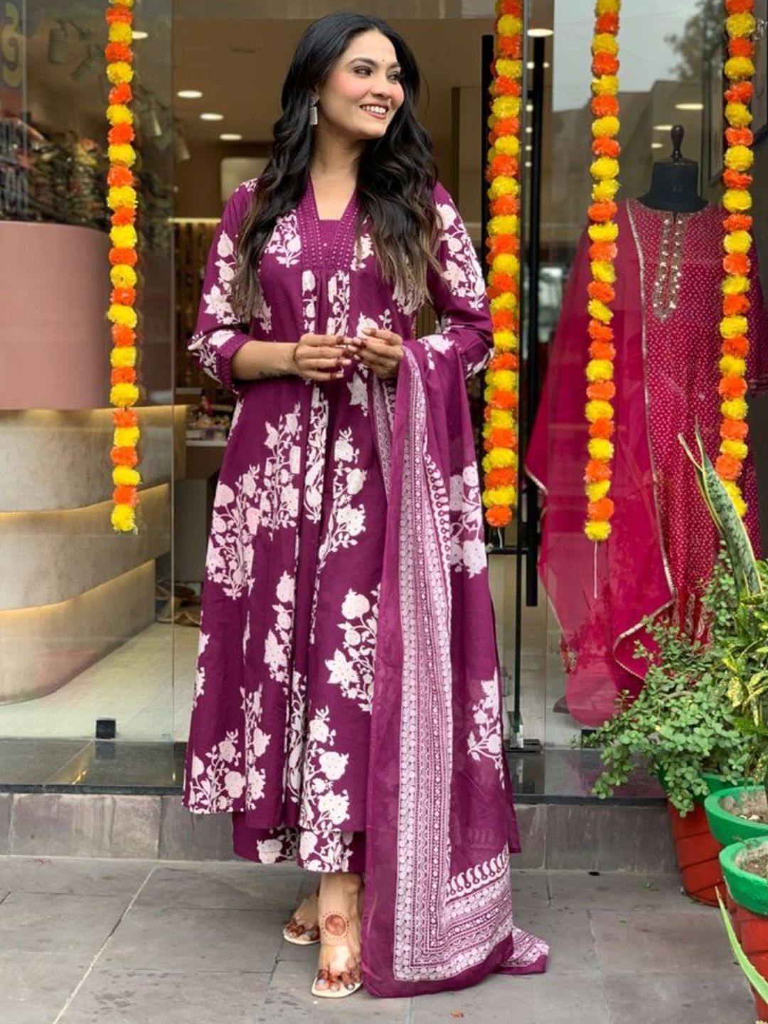 

TOOCHKI Floral Printed Pleated V-Neck Mirror Work A-Line Kurta With Palazzos And Dupatta, Burgundy