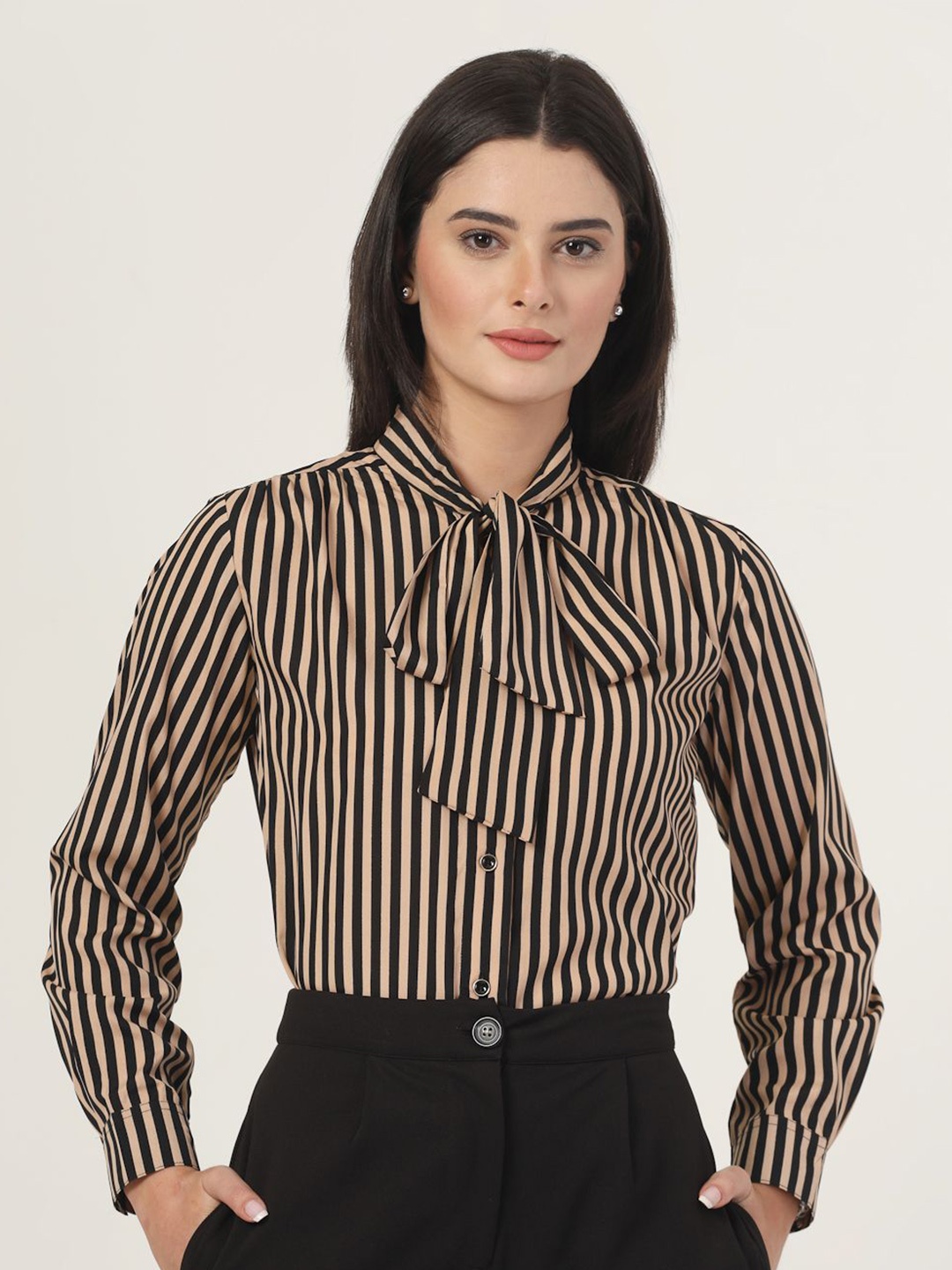 

Style Quotient Women Smart Fit Collarless Vertical Striped Formal Shirt, Beige