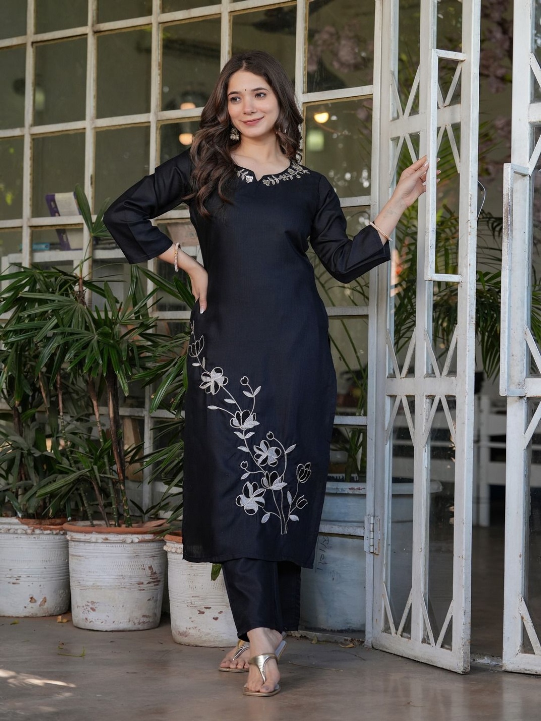 

KALINI Floral Embroidered Straight Kurta With Palazzos & Dupatta, Black
