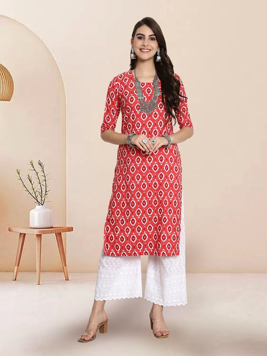 

7Threads Selection Of 3 Geometric Printed Round Neck Straight Kurtas, Red