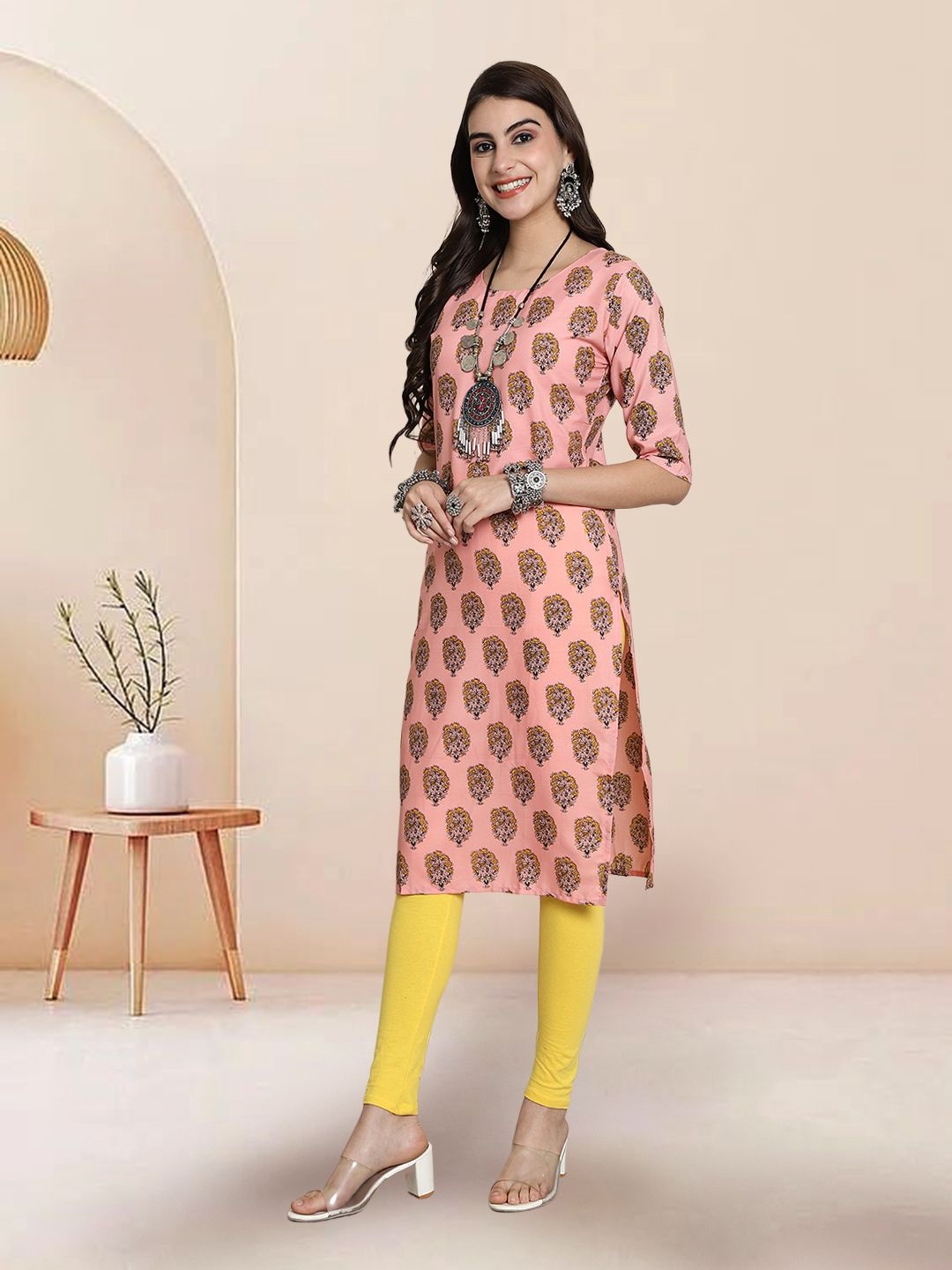 

7Threads Selection Of 4 Ethnic Motifs Printed Round Neck Straight Kurtas, Peach