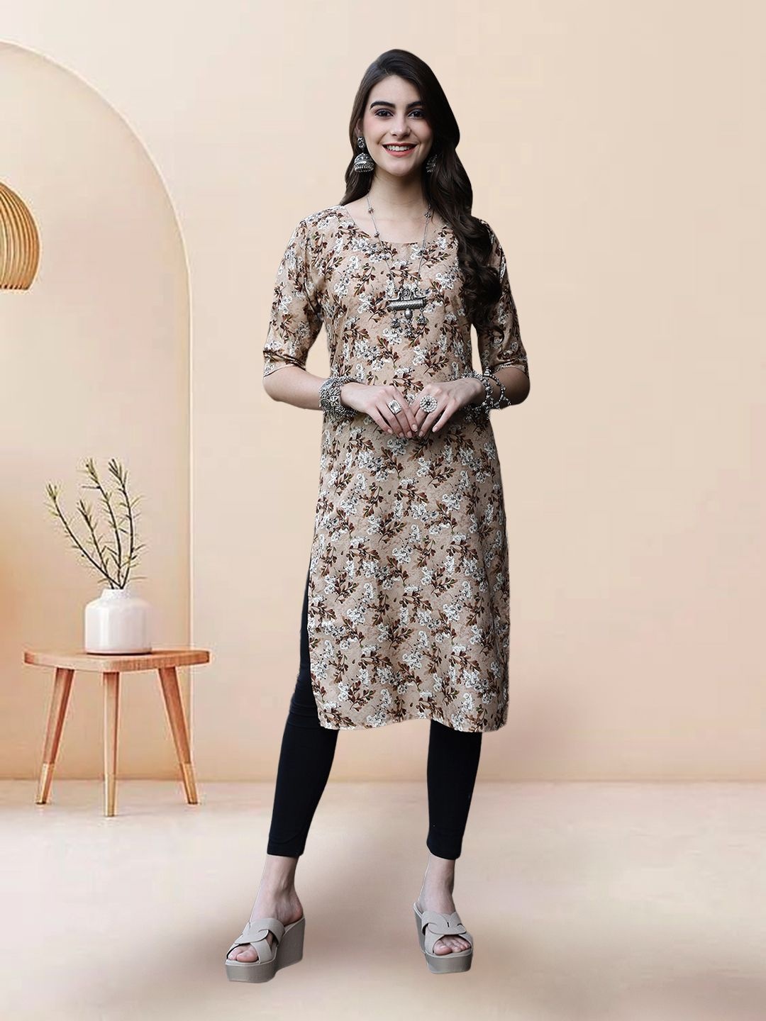 

7Threads Selection Of 5 Floral Printed Round Neck Straight Kurtas, Beige