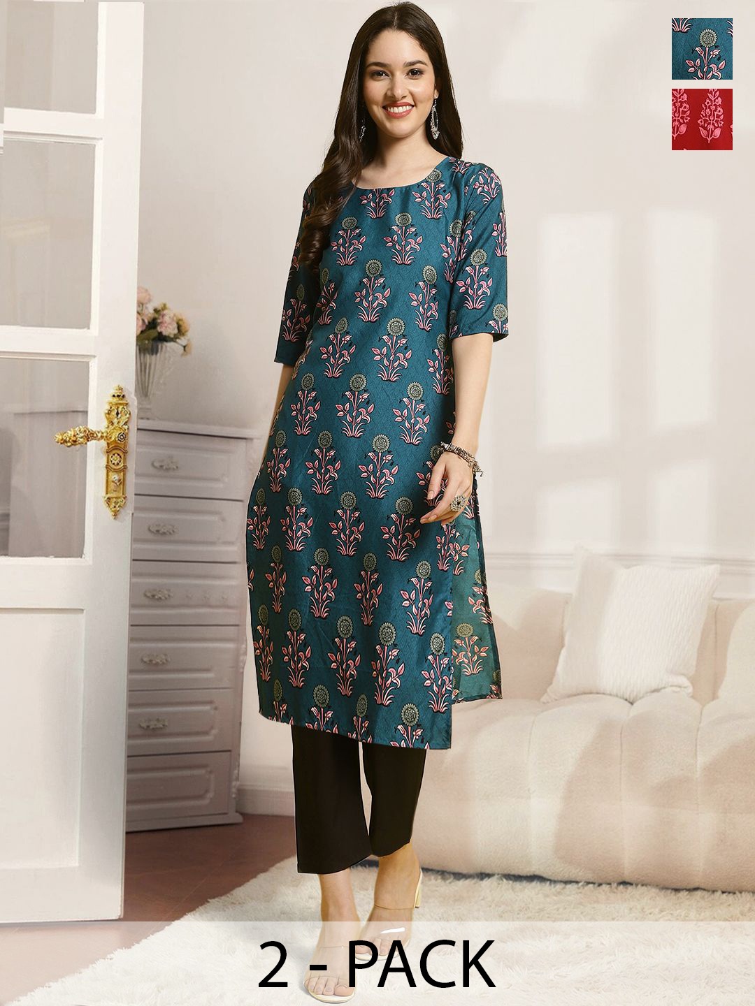 

7Threads Selection Of 2 Floral Printed Straight Kurta with Trousers, Maroon