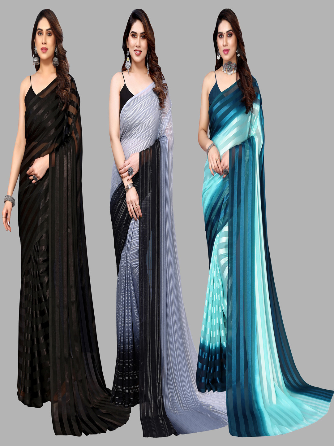 

ANAND SAREES Striped Satin Saree, Black