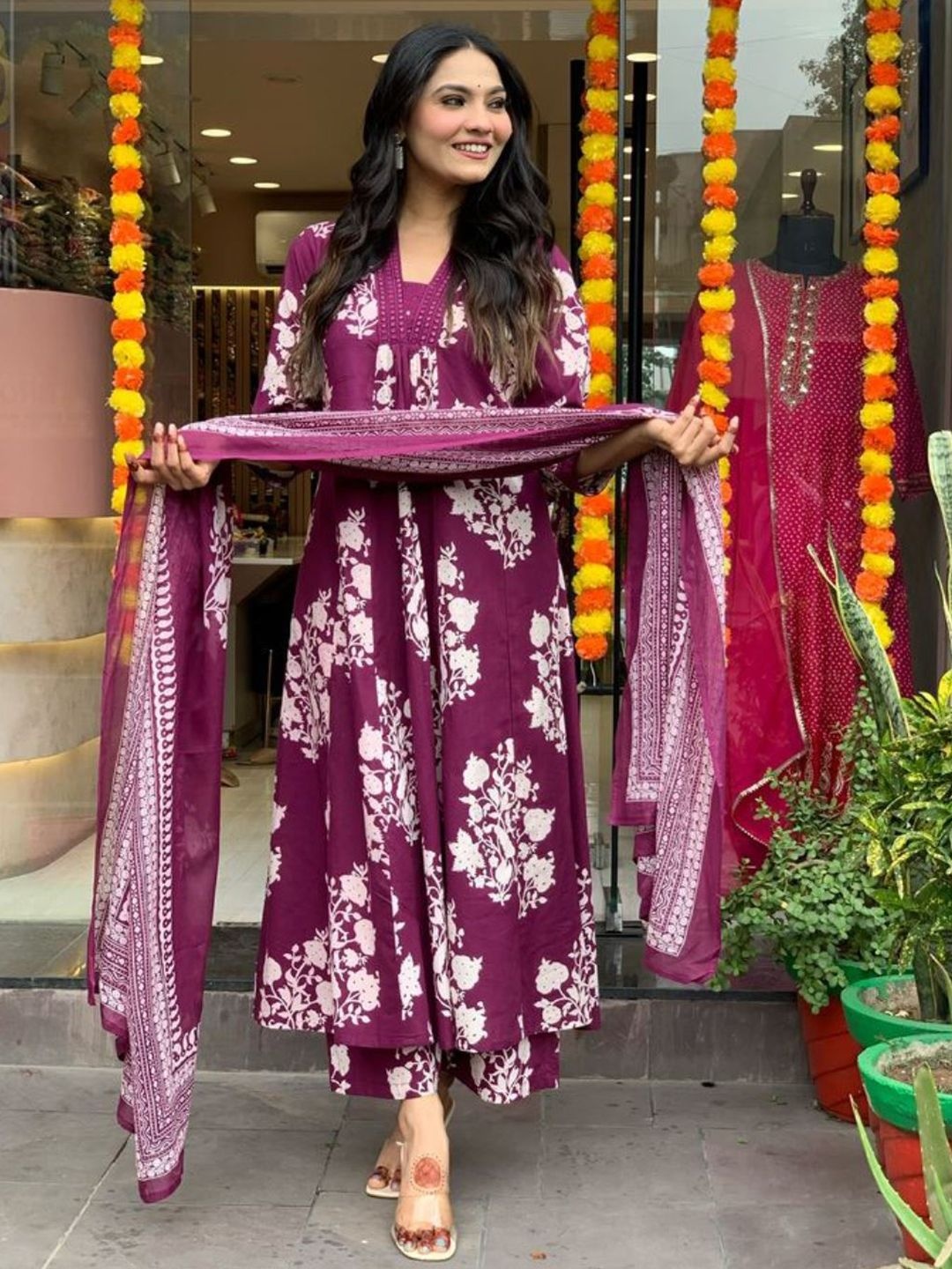 

KALINI Floral Printed V Neck Pure Cotton Kurta & Palazzos With Dupatta, Purple