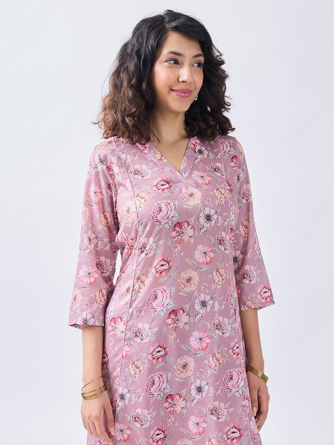 

KALINI Floral Printed V-Neck Straight Kurta With Palazzo, Pink