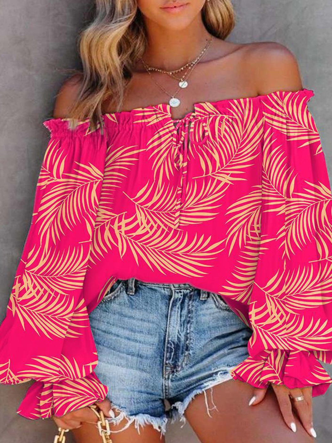 

LULU & SKY Print Off-Shoulder Bell Sleeve Cotton Bardot Top, Rose