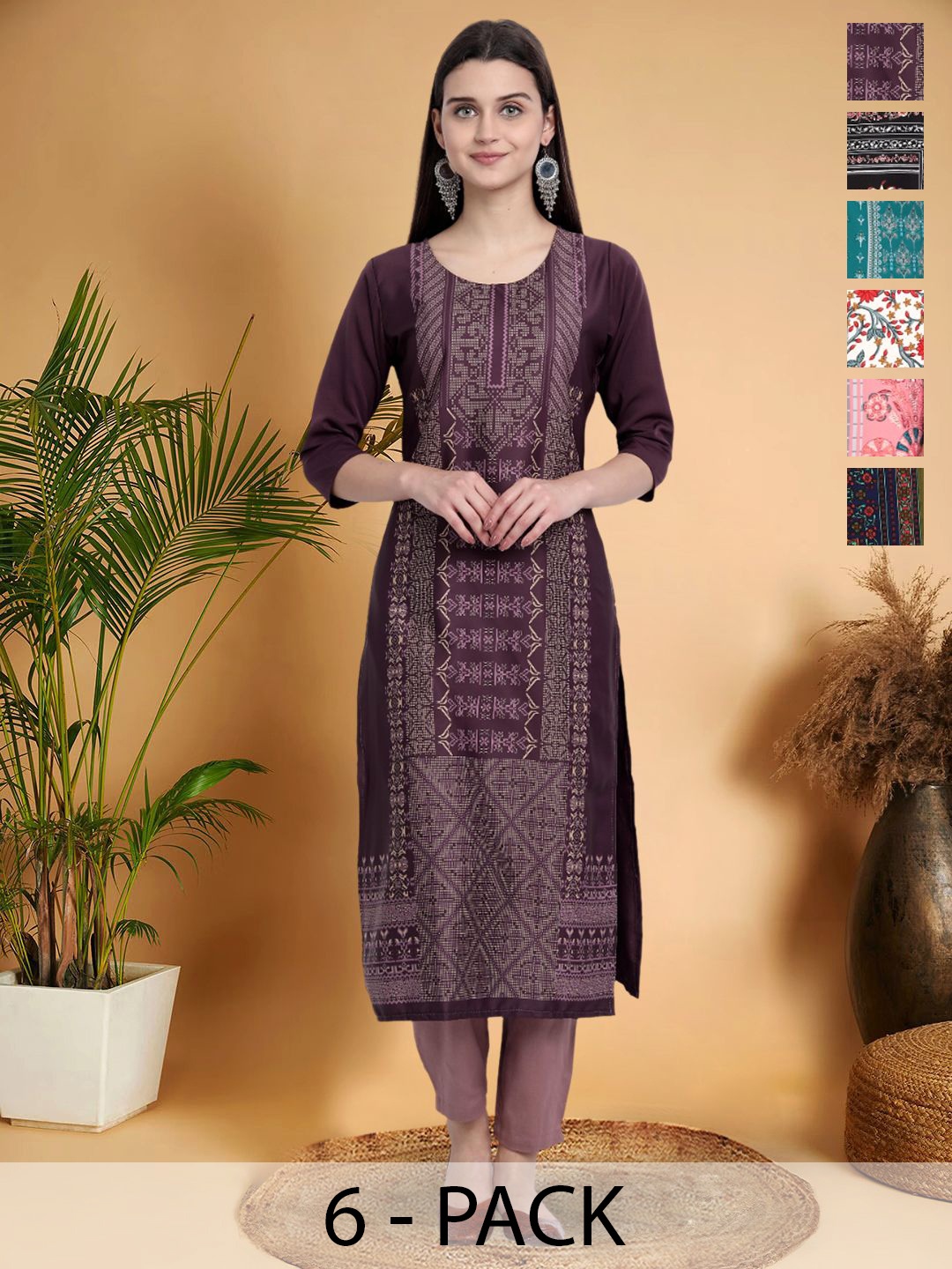 

7Threads Selection Of 6 Ethnic Motifs Printed Round Neck Straight Kurtas, Purple