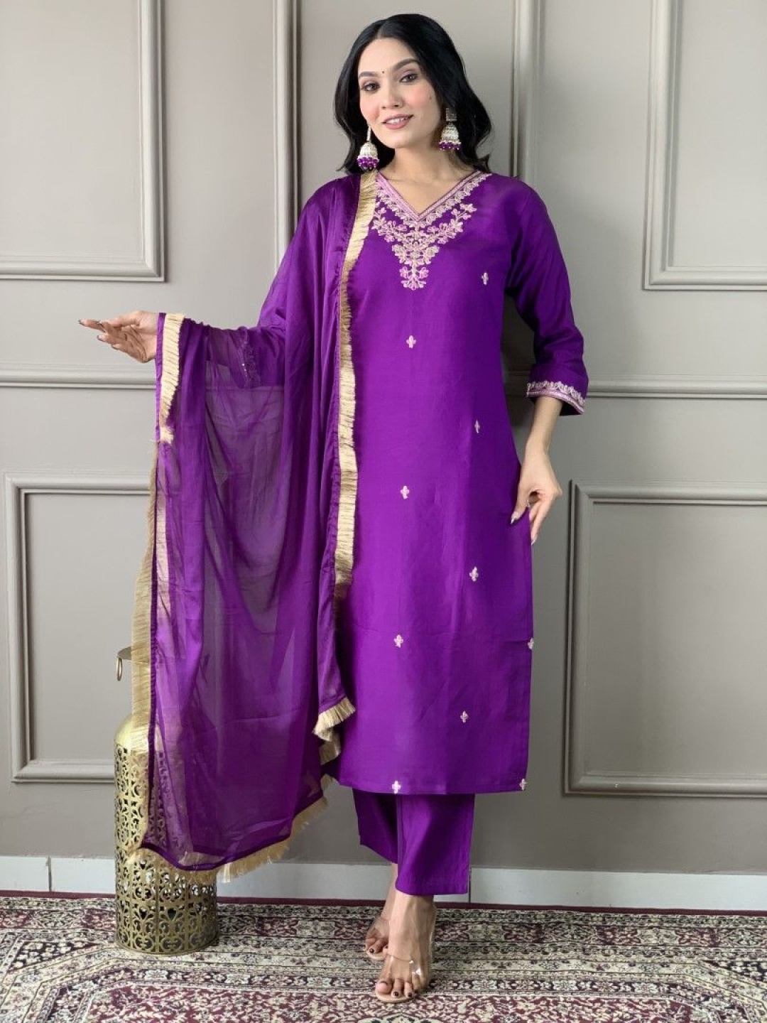 

Siya Fashion V-Neck Thread Work Straight Kurta with Trousers and Dupatta, Purple