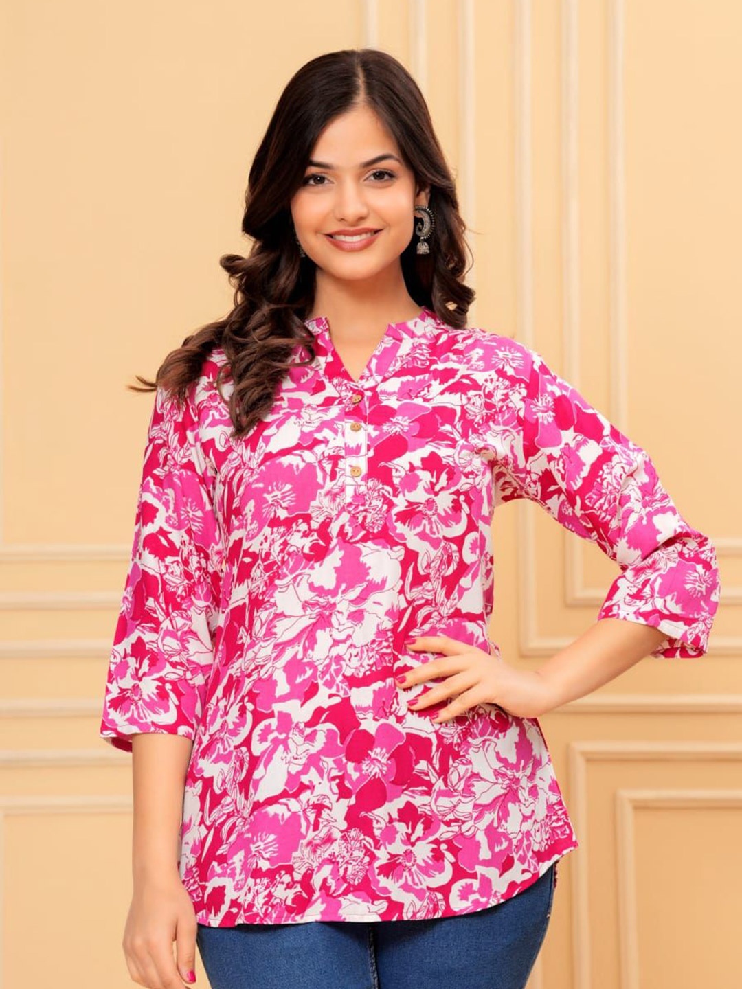 

Jandir Fashion Floral Print Mandarin Collar Chiffon Top, Pink