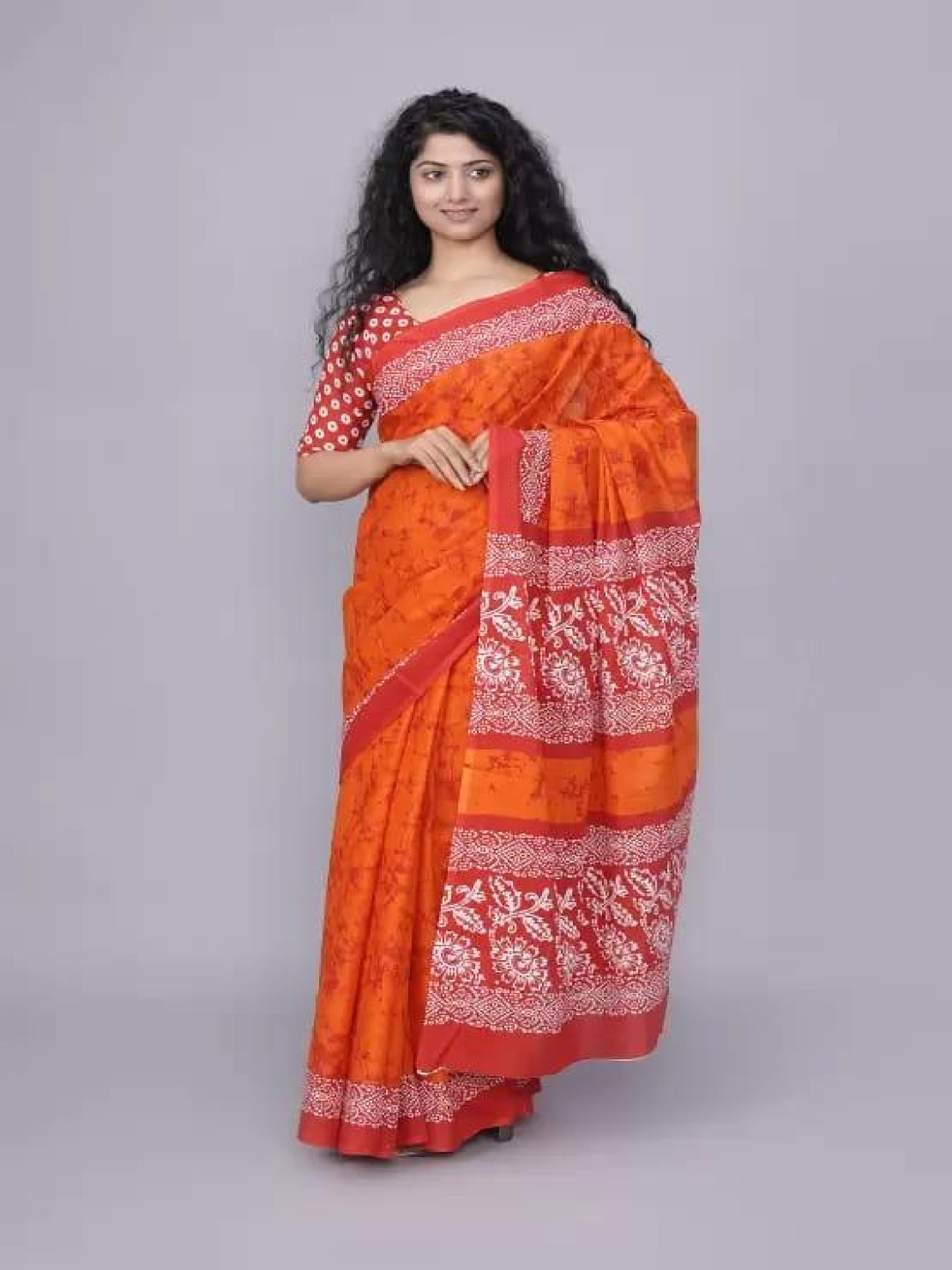 

JALTHER Ethnic Motifs Pure Cotton Block Print Saree, Orange