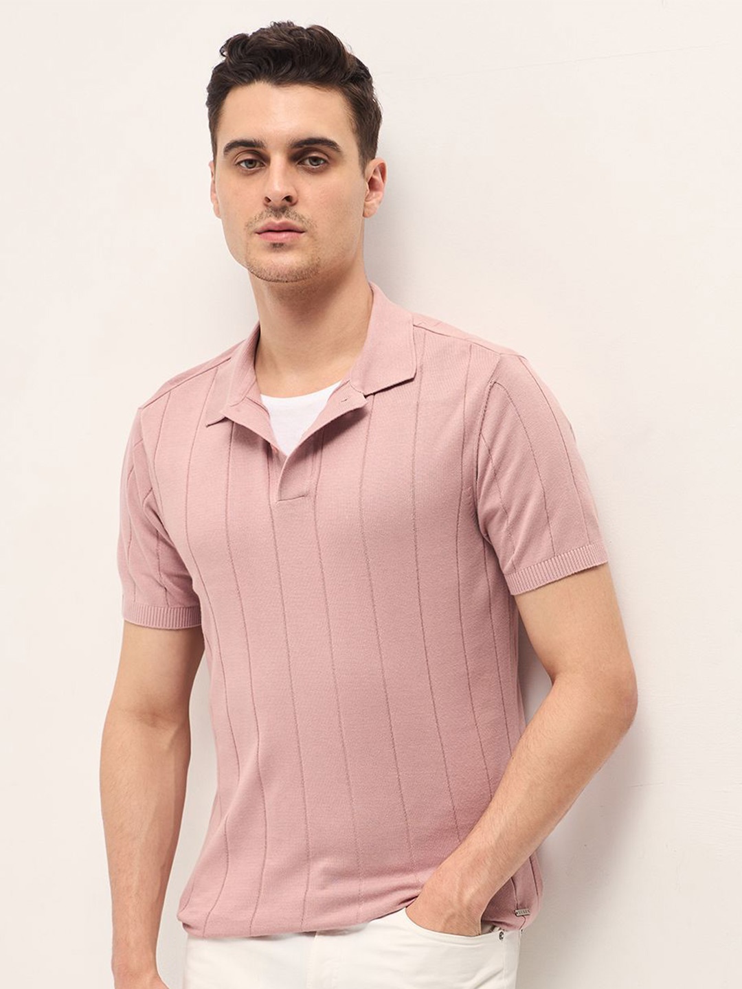 

THE BEAR HOUSE Men Self Design Polo Collar Cotton Slim Fit T-shirt, Mauve