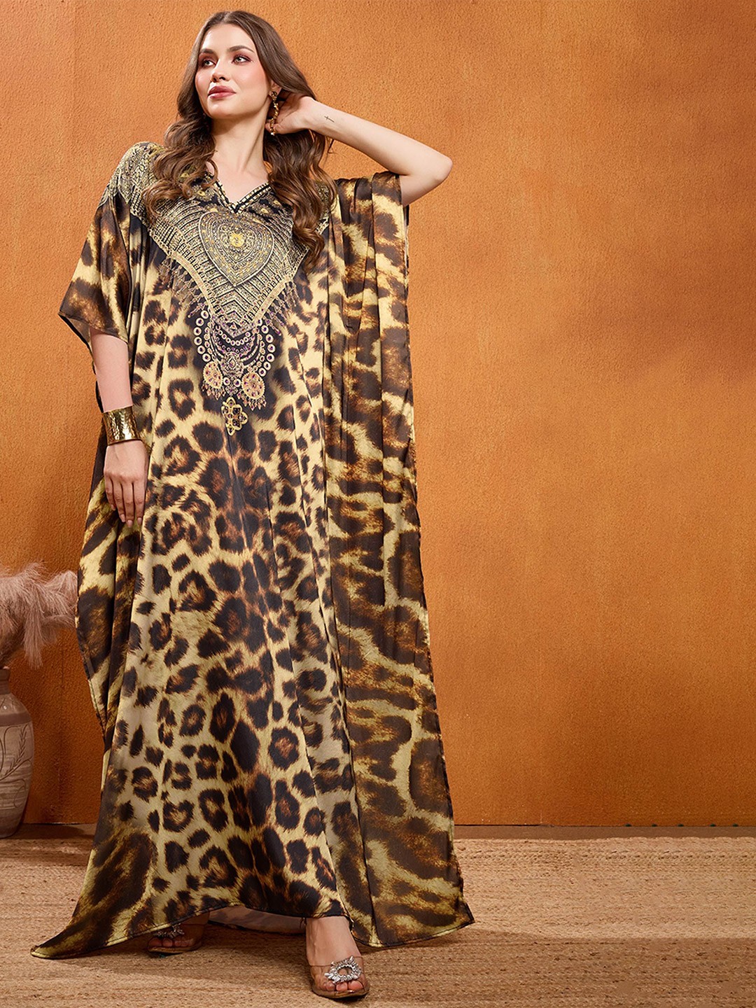 

LABEL AARNA Women Leopard Couture Soft Satin Kaftan with Rhinestones, Brown