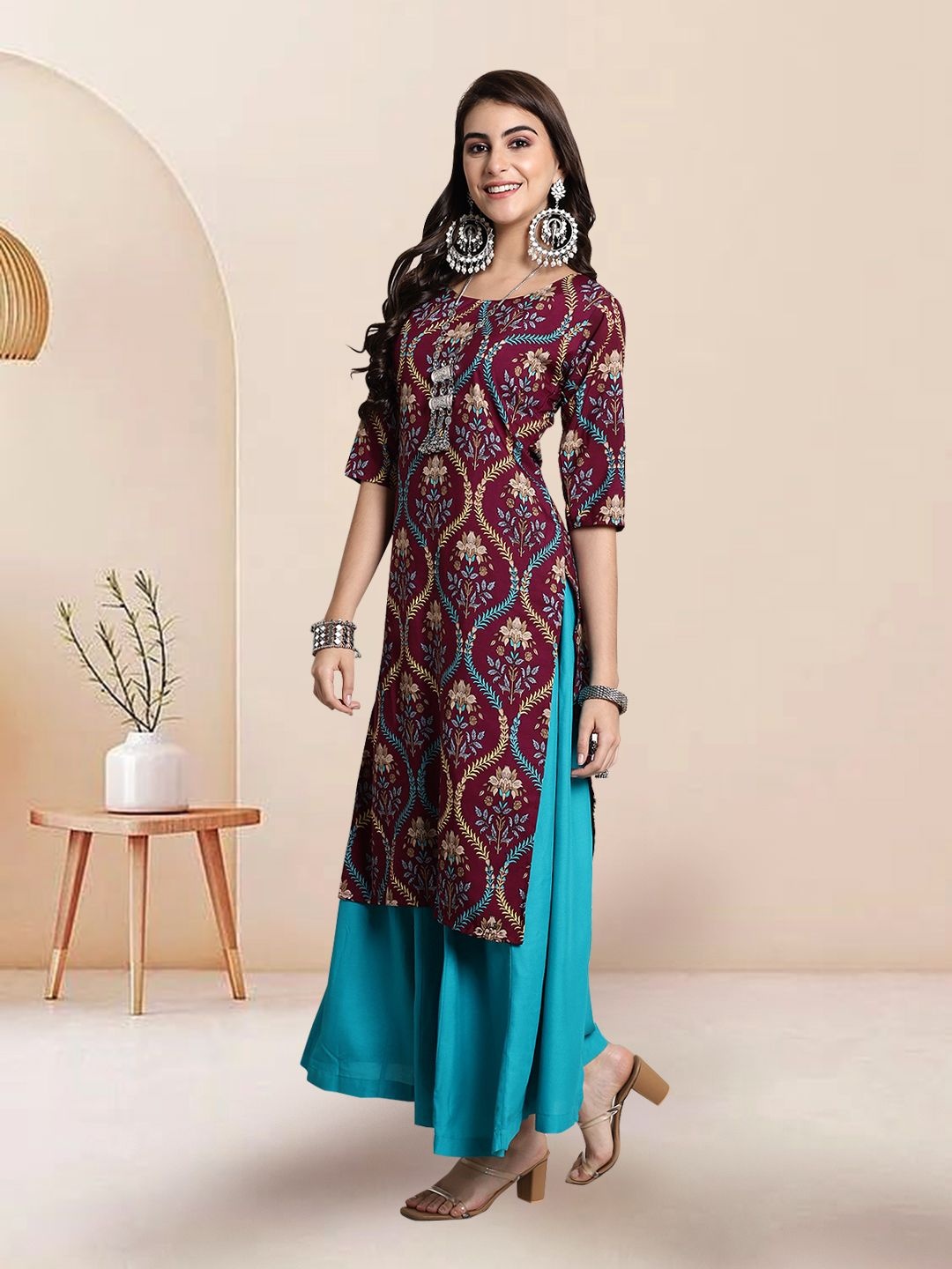 

7Threads Selection Of 3 Floral Printed Round Neck Straight Kurtas, Maroon