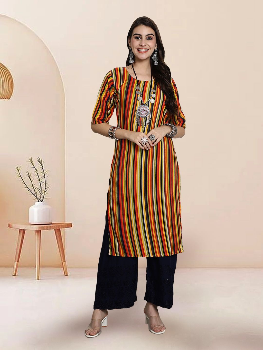 

7Threads Selection Of 5 Striped Round Neck Straight Kurtas, Yellow
