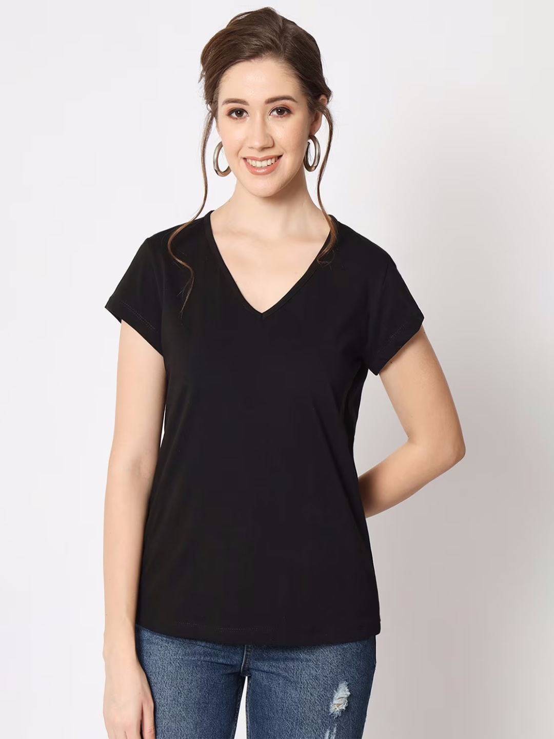 

COLOR CAPITAL Women 2 V-Neck Extended Sleeves Raw Edge T-shirt, Black