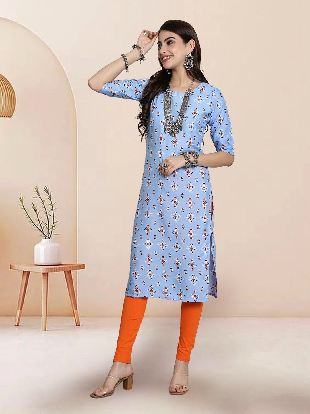 

7Threads Selection of 2 Ethnic Motifs Printed Round Neck Straight Kurtas, Blue