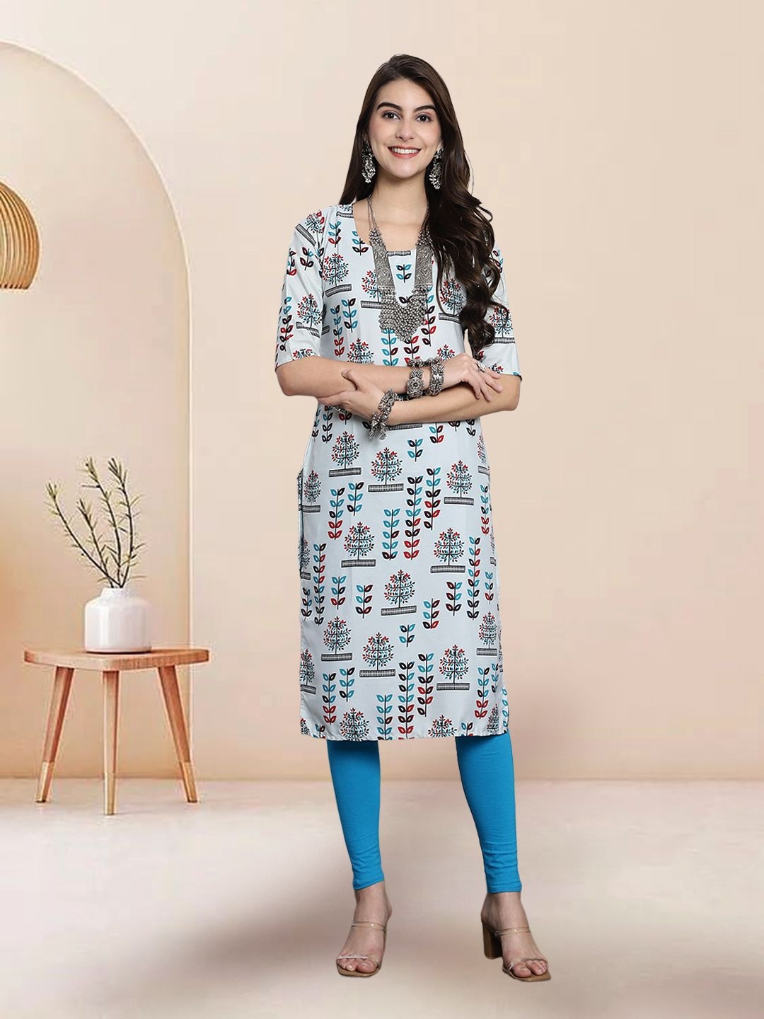 

7Threads Selection Of 3 Floral Printed Round Neck Straight Kurtas, Grey