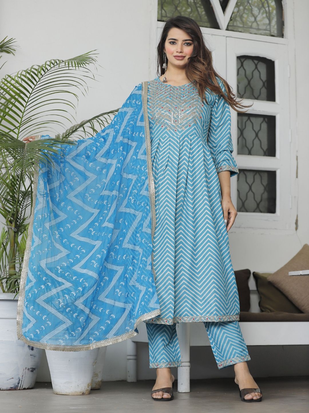 

ANNAYEMA APPARELS Chevron Printed Embroidered Naira Cut Kurta With Trouser And Dupatta, Blue