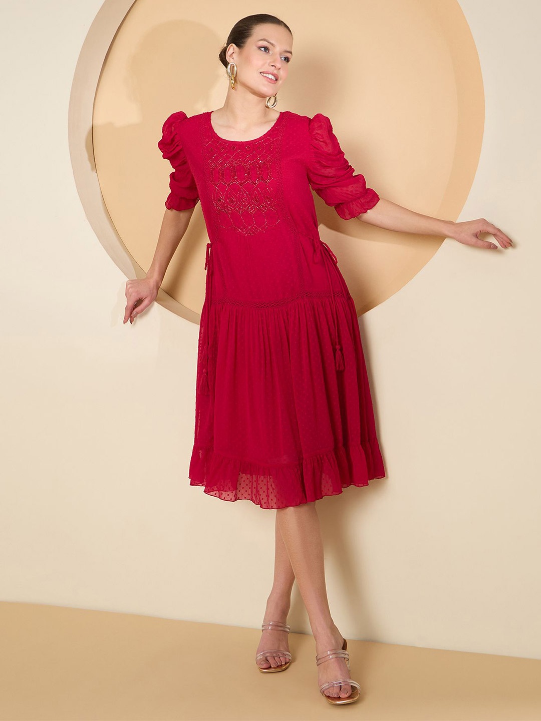 

Antheaa Women Puff Sleeve Chiffon Fit & Flare Embellished Dress, Red