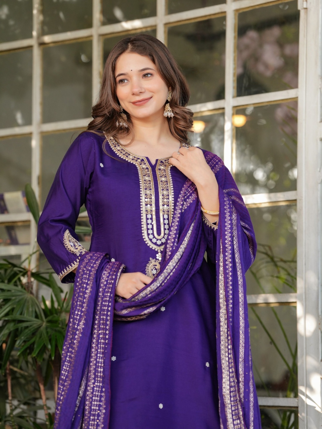 

KALINI Sequinned Chanderi Silk Thread Work Notch Neck Kurta With Trousers & Dupatta, Purple