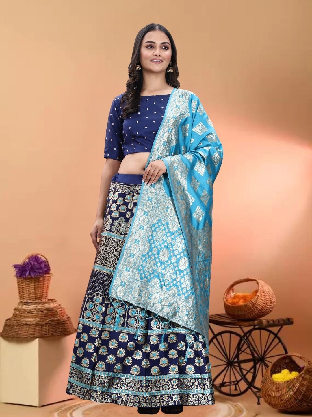 

MAGMINA Woven Design Zari Jacquard Semi-Stitched Lehenga & Unstitched Blouse With Dupatta, Blue