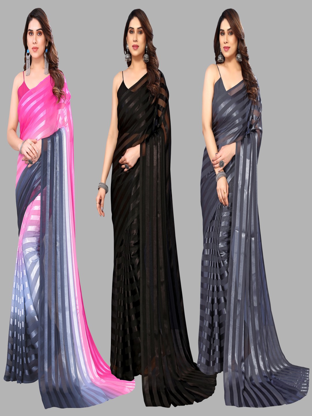 

ANAND SAREES Striped Satin Saree, Pink