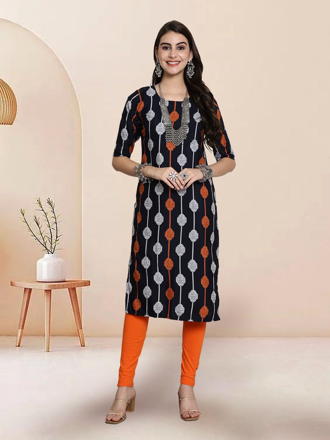 

7Threads Selection Of 5 Ethnic Motifs Printed Round Neck Straight Kurtas, Black