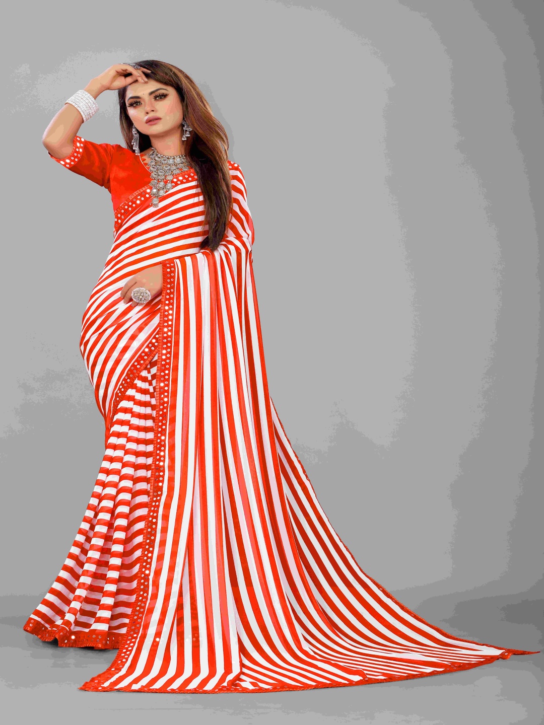 

Flip The Style Sequinned Leheriya Pure Georgette Saree, Orange