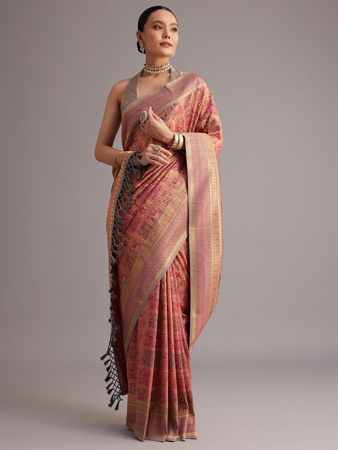 

KALKI Fashion Floral Zari Silk Blend Saree, Brown