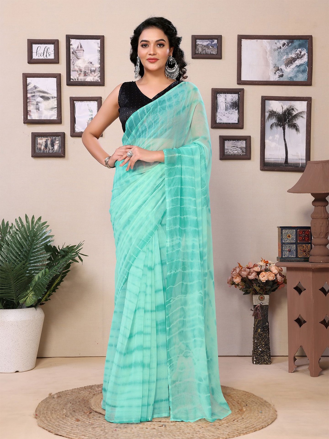 

Divyadham Textiles Tie and Dye Ready to Wear Saree, Turquoise blue