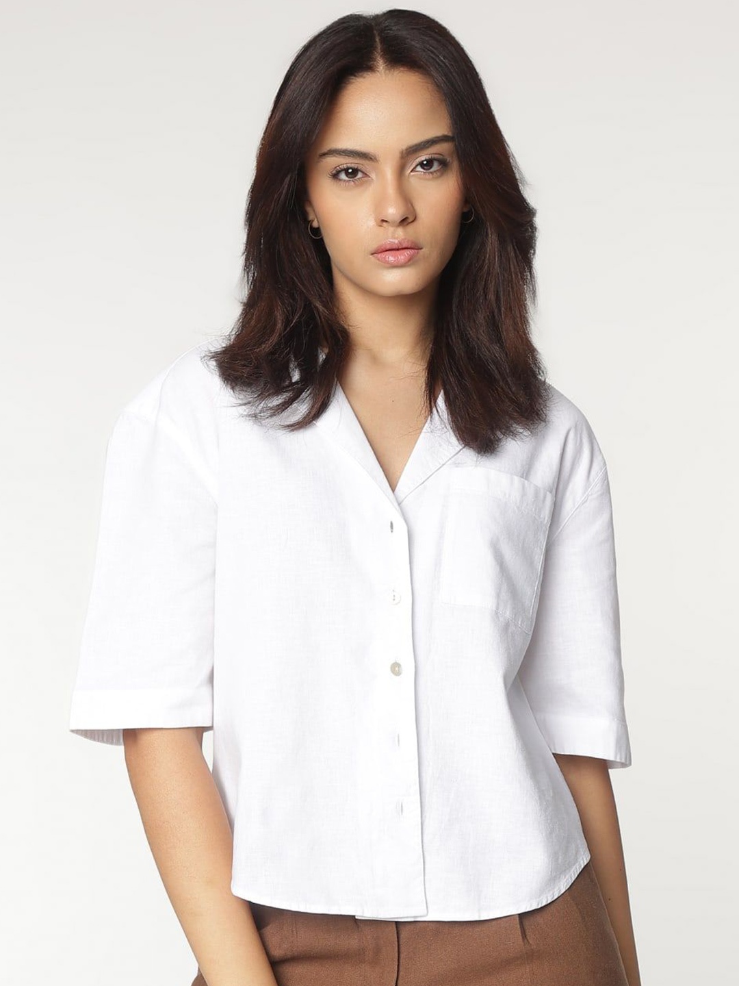 

Marks & Spencer Women Cuban Collar Solid Linen Casual Shirt, White