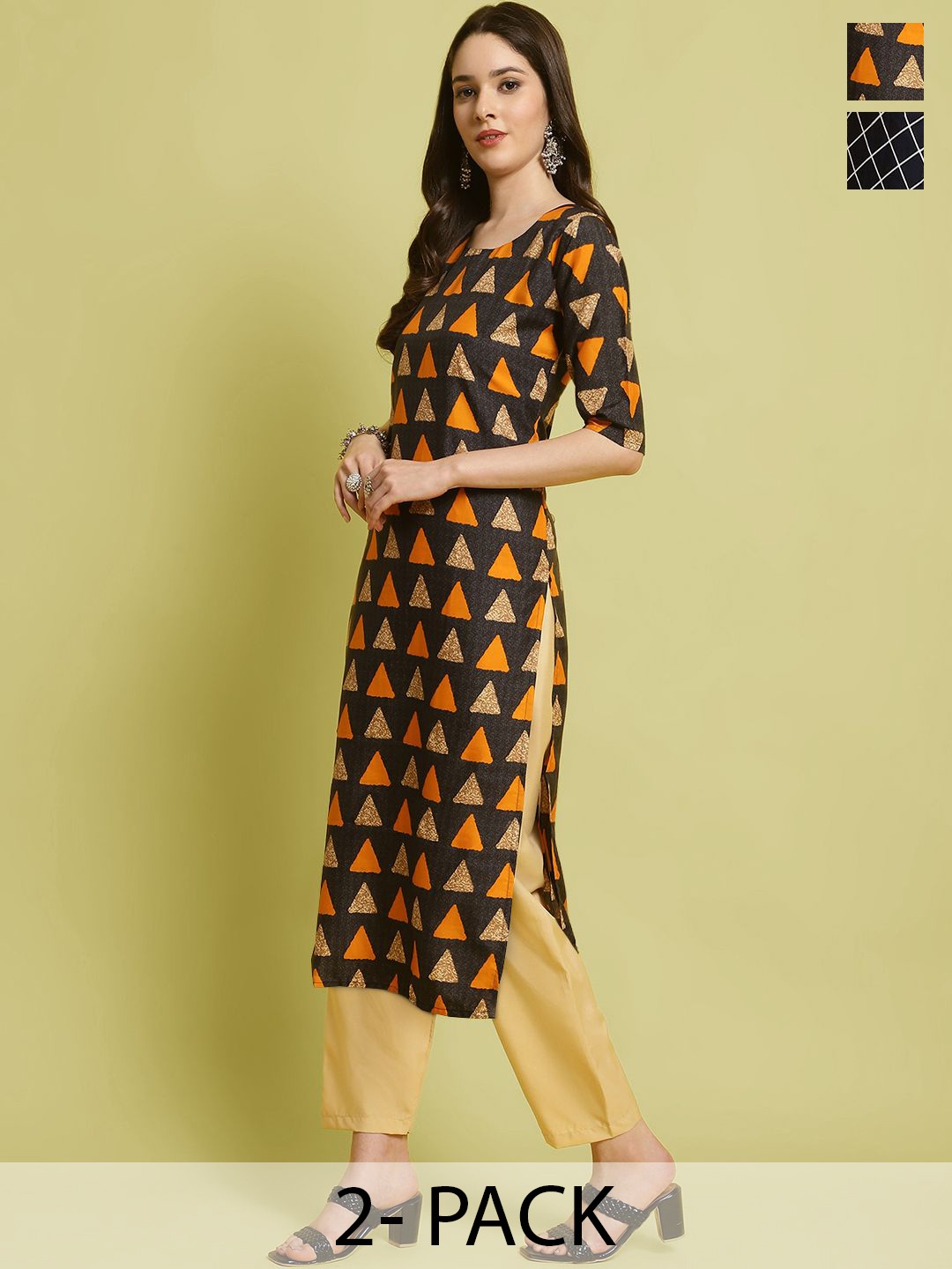 

7Threads Selection Of 2 Geometric Printed Round Neck Straight Kurta With Trousers, Black