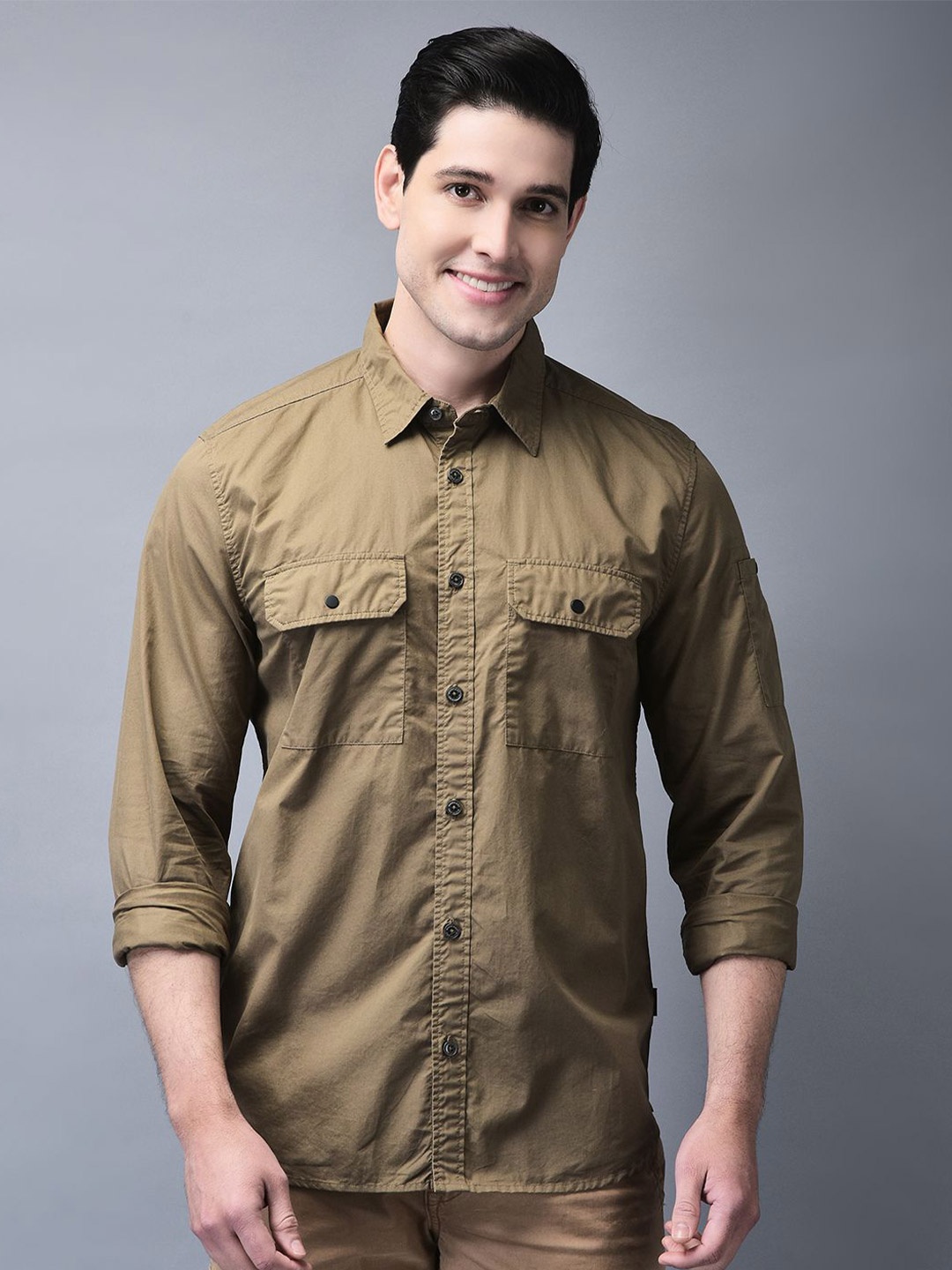 

Woodland Men Spread Collar Solid Cotton Casual Shirt, Brown